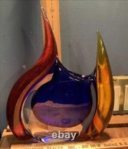 Signed Modern Art Glass Vase Young & Constantin Red Blue Gold