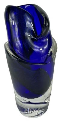 Signed Murano Style Glass Vase- Cobalt Blue 9 Inches Tall Abstract Modernism Art