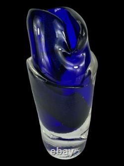 Signed Murano Style Glass Vase- Cobalt Blue 9 Inches Tall Abstract Modernism Art