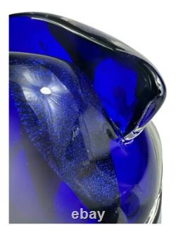Signed Murano Style Glass Vase- Cobalt Blue 9 Inches Tall Abstract Modernism Art