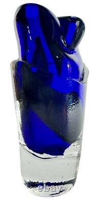Signed Murano Style Glass Vase- Cobalt Blue 9 Inches Tall Abstract Modernism Art