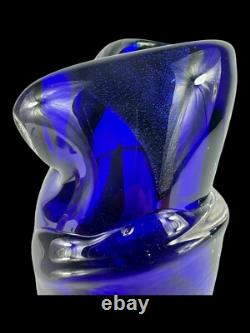 Signed Murano Style Glass Vase- Cobalt Blue 9 Inches Tall Abstract Modernism Art