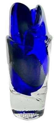 Signed Murano Style Glass Vase- Cobalt Blue 9 Inches Tall Abstract Modernism Art