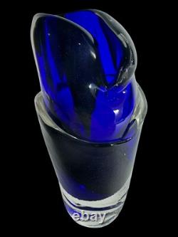 Signed Murano Style Glass Vase- Cobalt Blue 9 Inches Tall Abstract Modernism Art