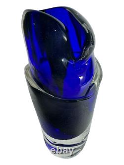 Signed Murano Style Glass Vase- Cobalt Blue 9 Inches Tall Abstract Modernism Art