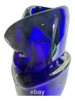Signed Murano Style Glass Vase- Cobalt Blue 9 Inches Tall Abstract Modernism Art