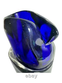 Signed Murano Style Glass Vase- Cobalt Blue 9 Inches Tall Abstract Modernism Art