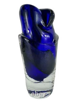 Signed Murano Style Glass Vase- Cobalt Blue 9 Inches Tall Abstract Modernism Art