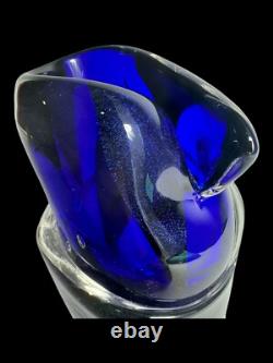 Signed Murano Style Glass Vase- Cobalt Blue 9 Inches Tall Abstract Modernism Art