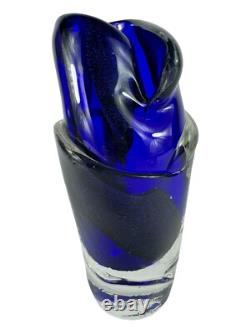Signed Murano Style Glass Vase- Cobalt Blue 9 Inches Tall Abstract Modernism Art