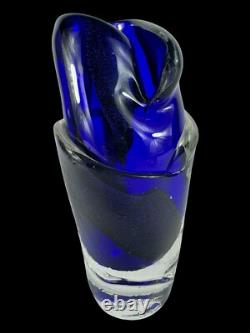 Signed Murano Style Glass Vase- Cobalt Blue 9 Inches Tall Abstract Modernism Art
