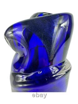 Signed Murano Style Glass Vase- Cobalt Blue 9 Inches Tall Abstract Modernism Art