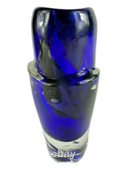 Signed Murano Style Glass Vase- Cobalt Blue 9 Inches Tall Abstract Modernism Art