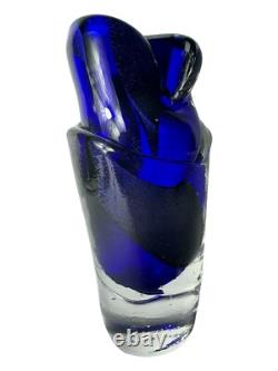Signed Murano Style Glass Vase- Cobalt Blue 9 Inches Tall Abstract Modernism Art