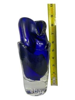 Signed Murano Style Glass Vase- Cobalt Blue 9 Inches Tall Abstract Modernism Art