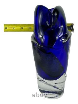 Signed Murano Style Glass Vase- Cobalt Blue 9 Inches Tall Abstract Modernism Art