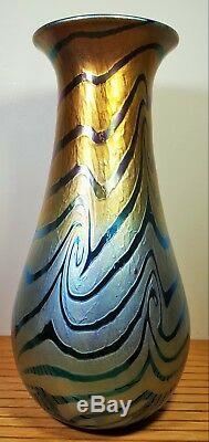 Signed Numbered Lundberg Studios 1999 Blue and Gold Swirl Art Glass Vase