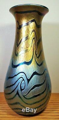 Signed Numbered Lundberg Studios 1999 Blue and Gold Swirl Art Glass Vase