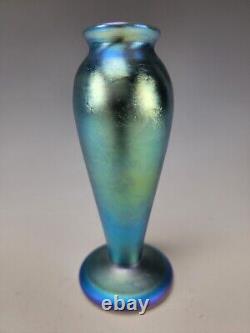Signed Quezal Antique Nouveau Blue Iridescent Aurene Art Glass Vase