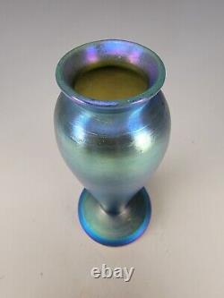 Signed Quezal Antique Nouveau Blue Iridescent Aurene Art Glass Vase