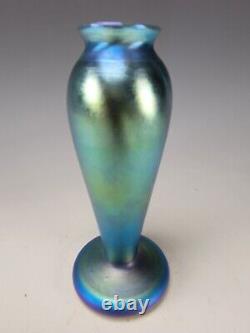 Signed Quezal Antique Nouveau Blue Iridescent Aurene Art Glass Vase