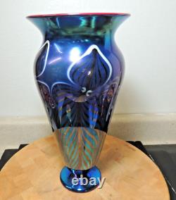 Signed Rick Strini Art Glass Vase Pulled Feather Iridescent Blue Red 12.5