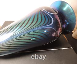 Signed Rick Strini Art Glass Vase Pulled Feather Iridescent Blue Red 12.5