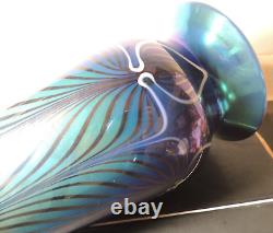 Signed Rick Strini Art Glass Vase Pulled Feather Iridescent Blue Red 12.5