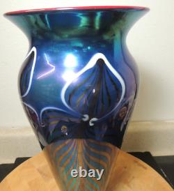 Signed Rick Strini Art Glass Vase Pulled Feather Iridescent Blue Red 12.5