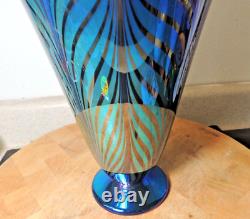 Signed Rick Strini Art Glass Vase Pulled Feather Iridescent Blue Red 12.5