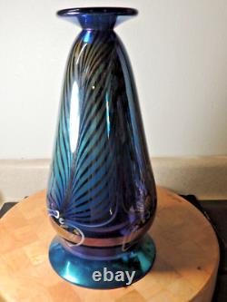 Signed Rick Strini Art Glass Vase Pulled Feather Iridescent Blue Red 12.5