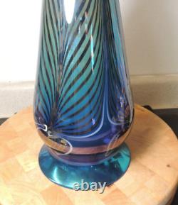 Signed Rick Strini Art Glass Vase Pulled Feather Iridescent Blue Red 12.5