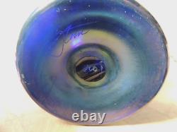 Signed Rick Strini Art Glass Vase Pulled Feather Iridescent Blue Red 12.5