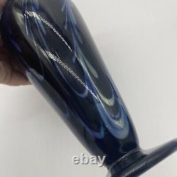 Signed Rick Strini Studio Art Glass Blue Purple & Metallic Feather Vase