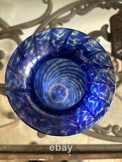 Signed Robert Held Blue Iridescent Art Glass Vase 7 Tall