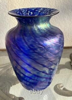 Signed Robert Held Blue Iridescent Art Glass Vase 7 Tall