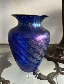 Signed Robert Held Blue Iridescent Art Glass Vase 7 Tall