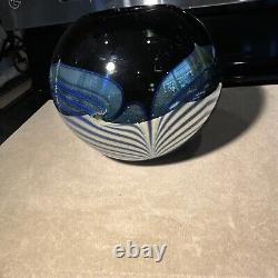 Signed STEVE CORREIA Deep Blue PULLED FEATHER Art Glass Bowl VASE EXCELLENT