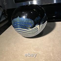 Signed STEVE CORREIA Deep Blue PULLED FEATHER Art Glass Bowl VASE EXCELLENT