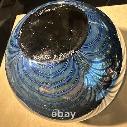 Signed STEVE CORREIA Deep Blue PULLED FEATHER Art Glass Bowl VASE EXCELLENT