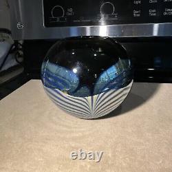 Signed STEVE CORREIA Deep Blue PULLED FEATHER Art Glass Bowl VASE EXCELLENT