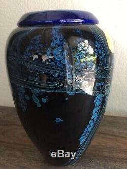 Signed Satava Blue Wisteria Moon Blown Art Glass Vase