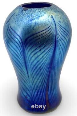 Signed Saul Alcatraz Iridescent Blue Pulled Feather Art Vase