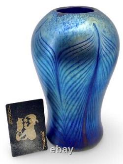 Signed Saul Alcatraz Iridescent Blue Pulled Feather Art Vase