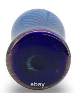 Signed Saul Alcatraz Iridescent Blue Pulled Feather Art Vase