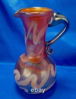 Signed Spurlock 1980 Studio Art Glass Iridescent Vase Applied Handle Loetz Style