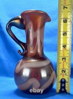 Signed Spurlock 1980 Studio Art Glass Iridescent Vase Applied Handle Loetz Style Signed Spurlock 1980 Studio Art Glass Iridescent Vase Applied Handle Loetz Style