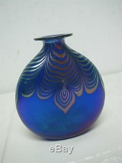 Signed Steven Correia Art Glass Cobalt Blue Pulled Feather 5 1/4 Vase