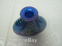 Signed Steven Correia Art Glass Cobalt Blue Pulled Feather 5 1/4 Vase