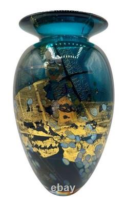 Signed Tim Lazer Art Glass Vase Gold Teal Aqua Blue Gold Black Luster 1994 9.25